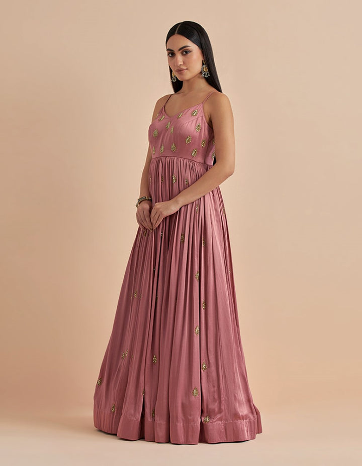 Dust pink hand embroidered bombark satin gown with net dupatta