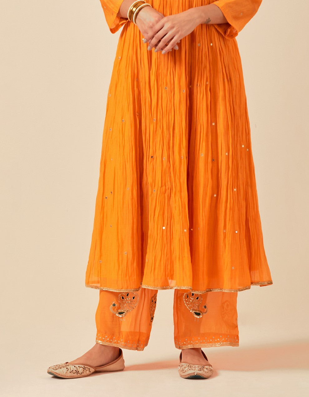 Orange hand embroidered chanderi half cut anarkali with pants