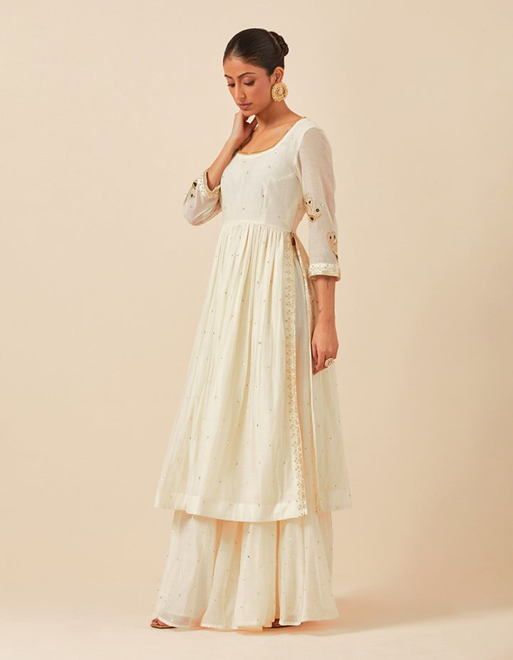 White hand embroidered half-cut anarkali with pants