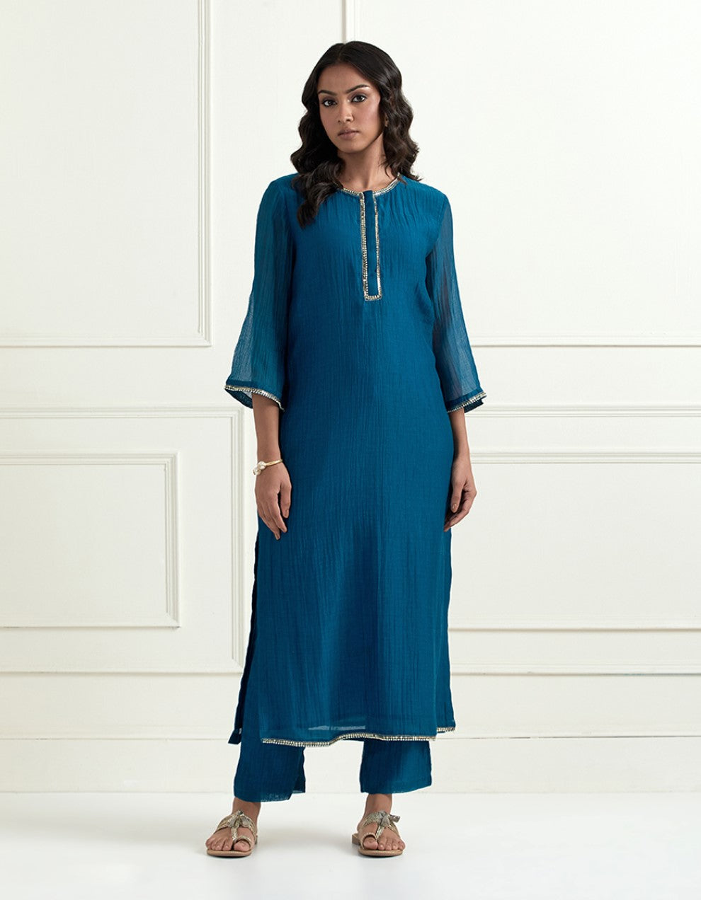 Navy blue hand embroidered kurta with pants and dupatta