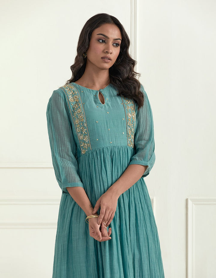 Teal blue hand embroidered kurta with pants and dupatta