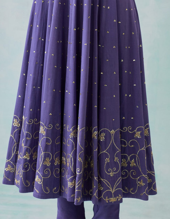 Purple Embroidered Satin Anarkali with Churidar And Shimmer Organza Dupatta