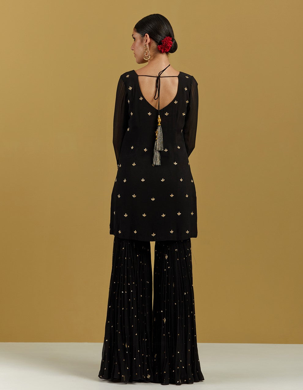 Black Hand Embroidered Kurta With Gharara Pants And Dupatta