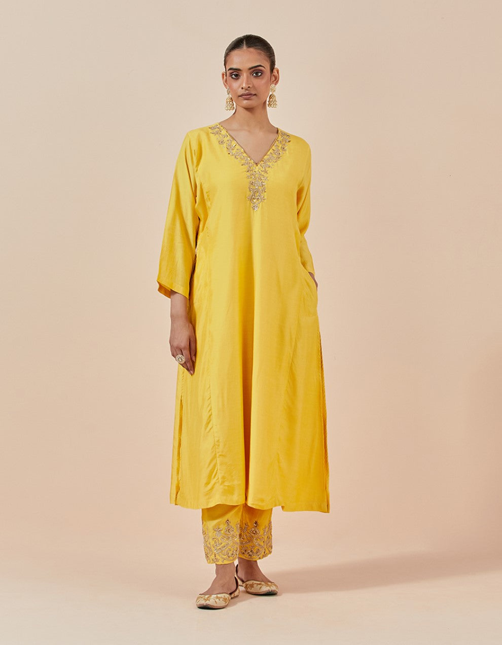 Yellow chanderi embroidered kurta with pants