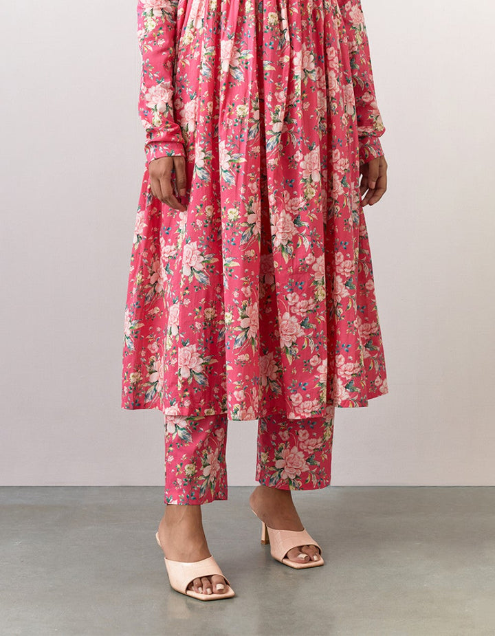 Pink printed cotton kurta with pants and chanderi dupatta