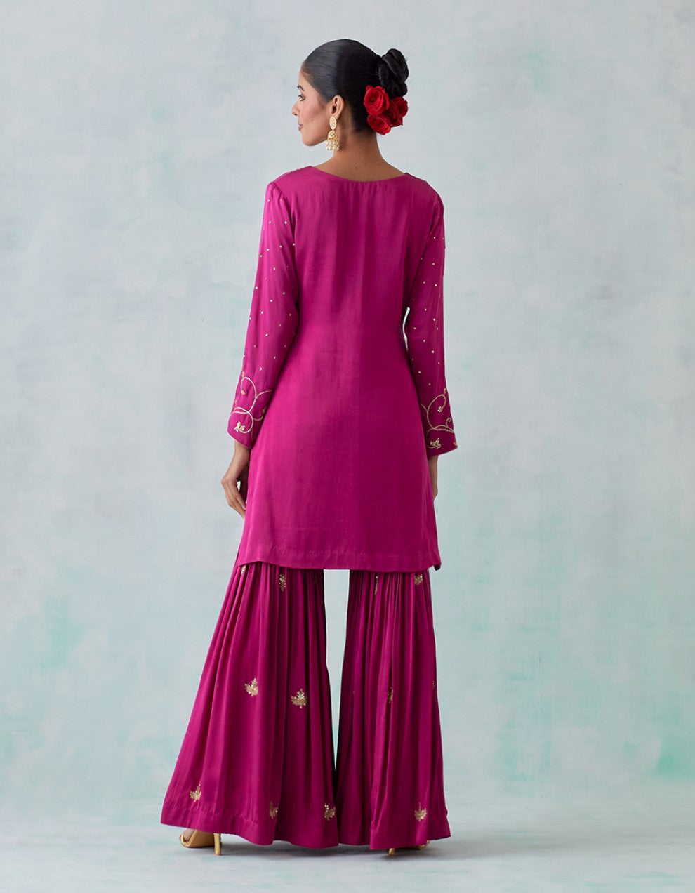 Magenta Embroidered Satin Kurta with Sharara And Shimmer Organza Dupatta