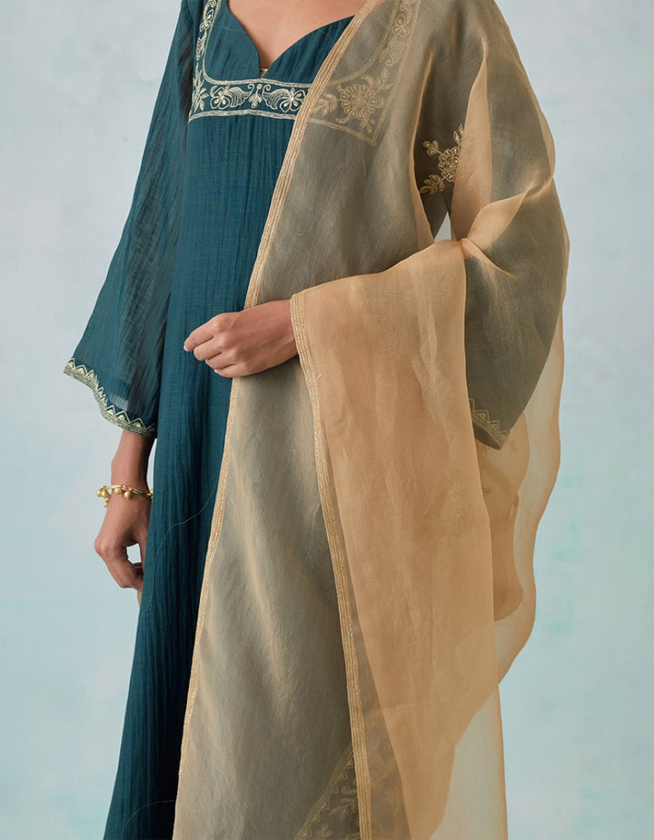 Dark Green Embroidered Light Chanderi Kurta with Pants and Tissue Organza Dupatta