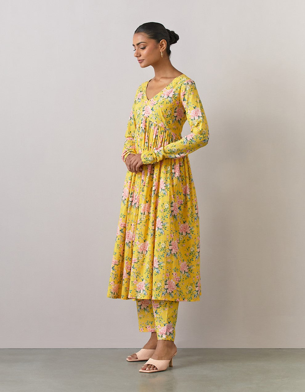 Yellow printed cotton kurta with pants and chanderi dupatta