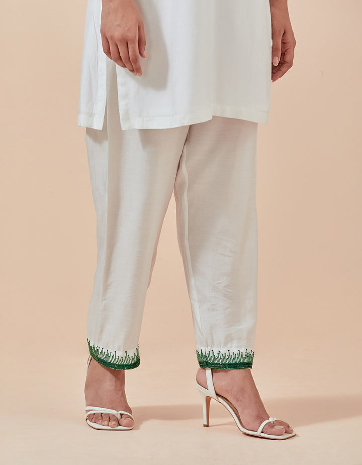 Green muslin cotton hand embroidered kurta with pants