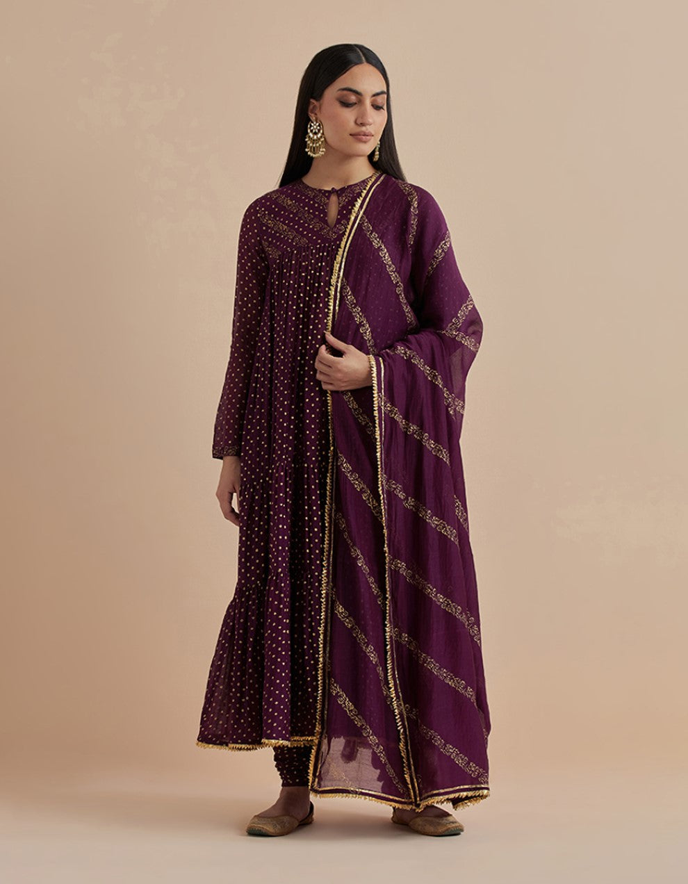 Purple printed chanderi silk tiered kurta with churidar and dupatta