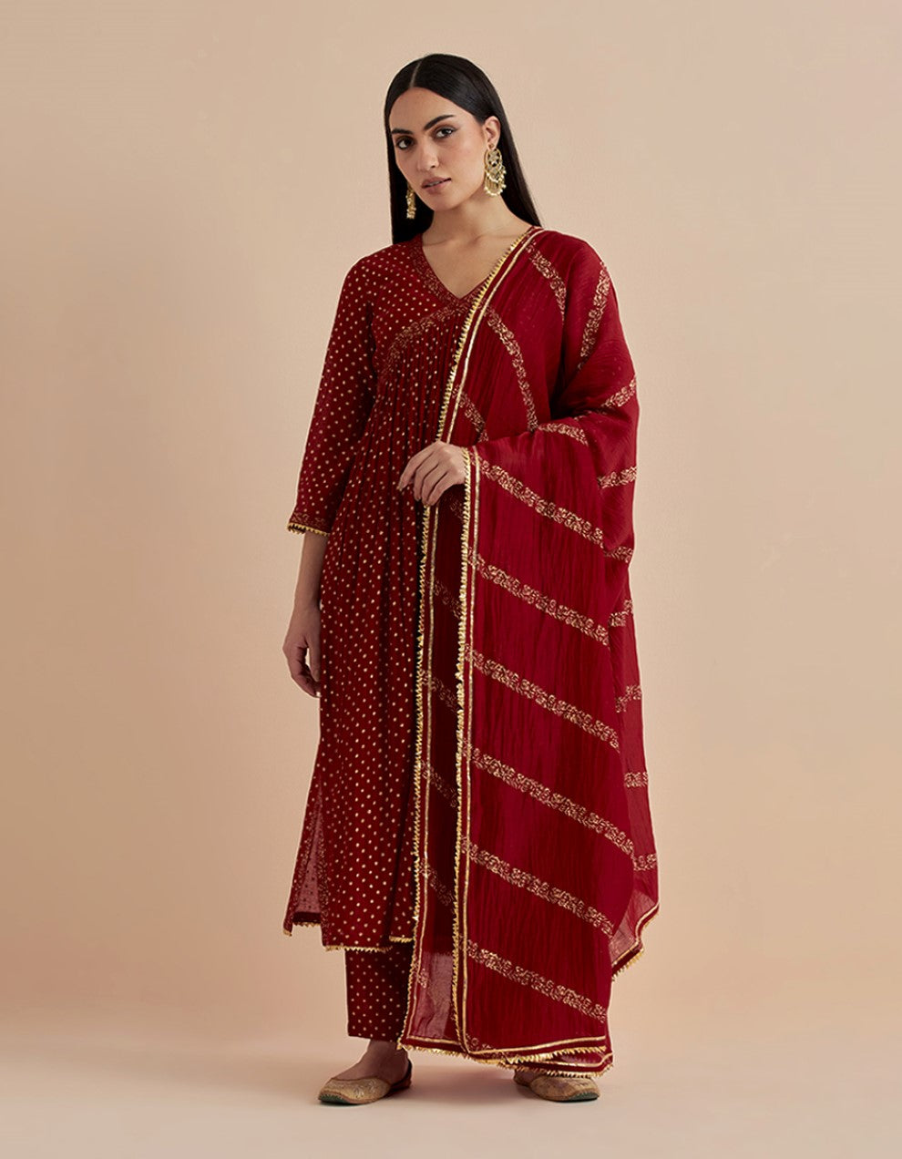 Red printed chanderi silk flared kurta with pants and dupatta