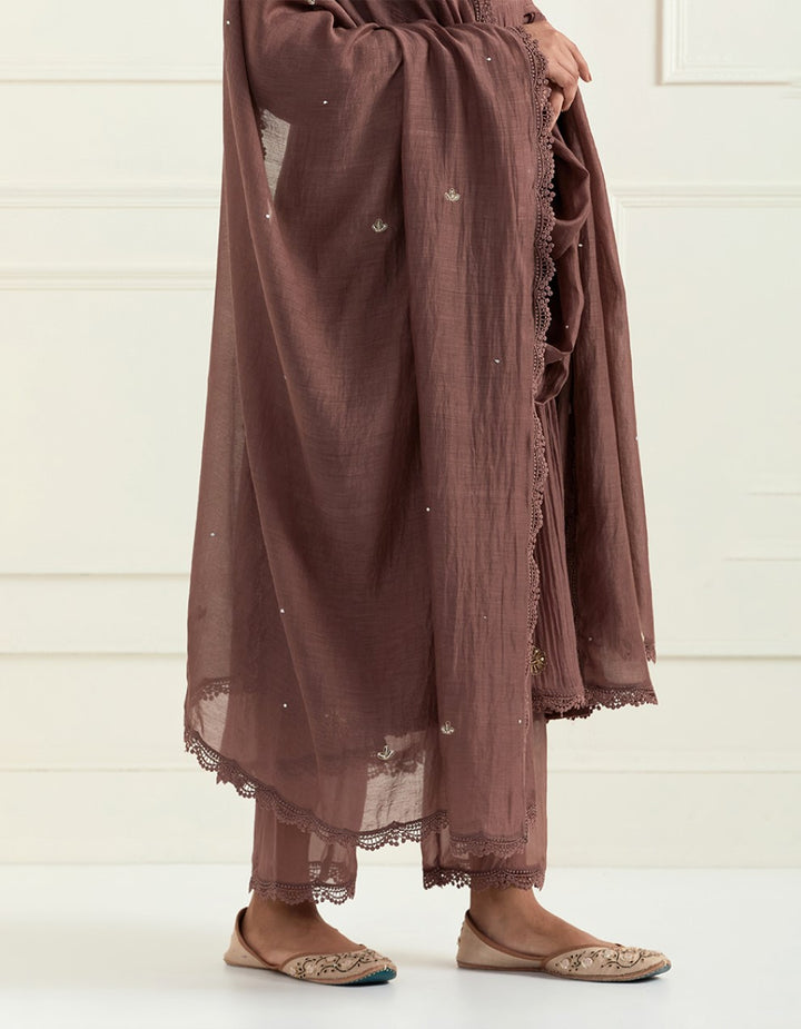 Brown hand embroidered chanderi kurta with pants and dupatta
