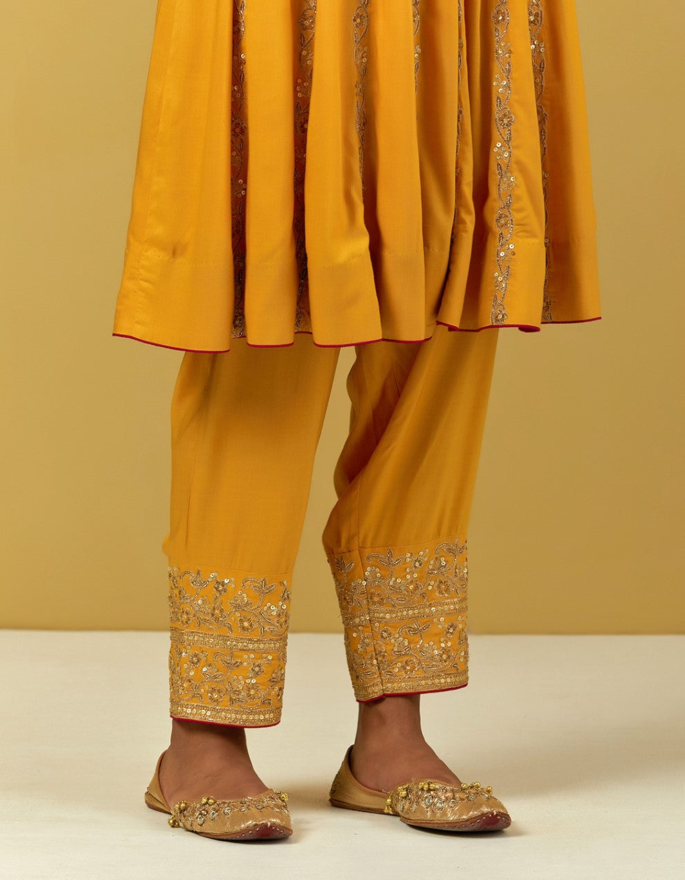 Yellow Hand Embroidered Modal Cotton Pants