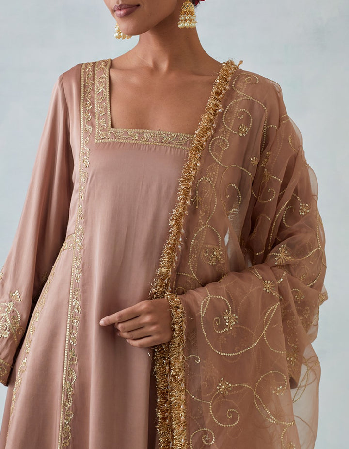 Beige Embroidered Satin Kurta with Pants And Shimmer Organza Dupatta