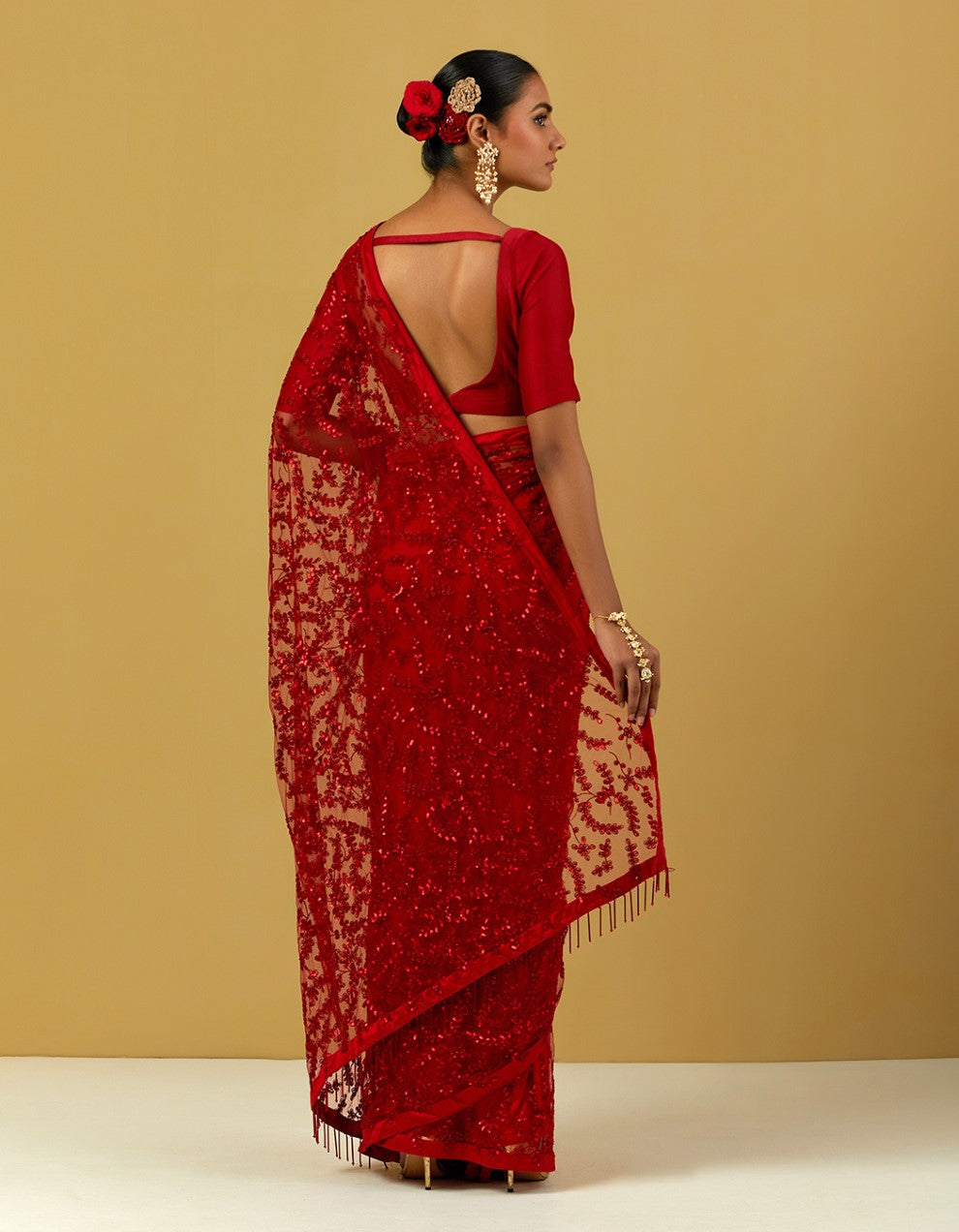 Red Net Saree With Chanderi Blouse And Satin Petticoat