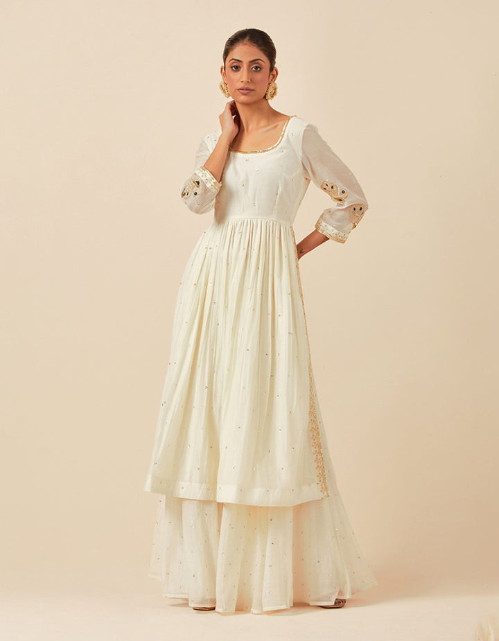 White hand embroidered half-cut anarkali with pants