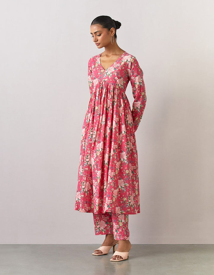 Pink printed cotton kurta with pants and chanderi dupatta