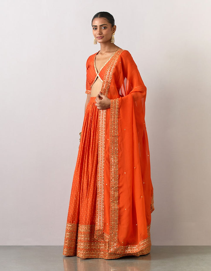 Orange embroidered printed  chanderi blouse with skirt and organza dupatta