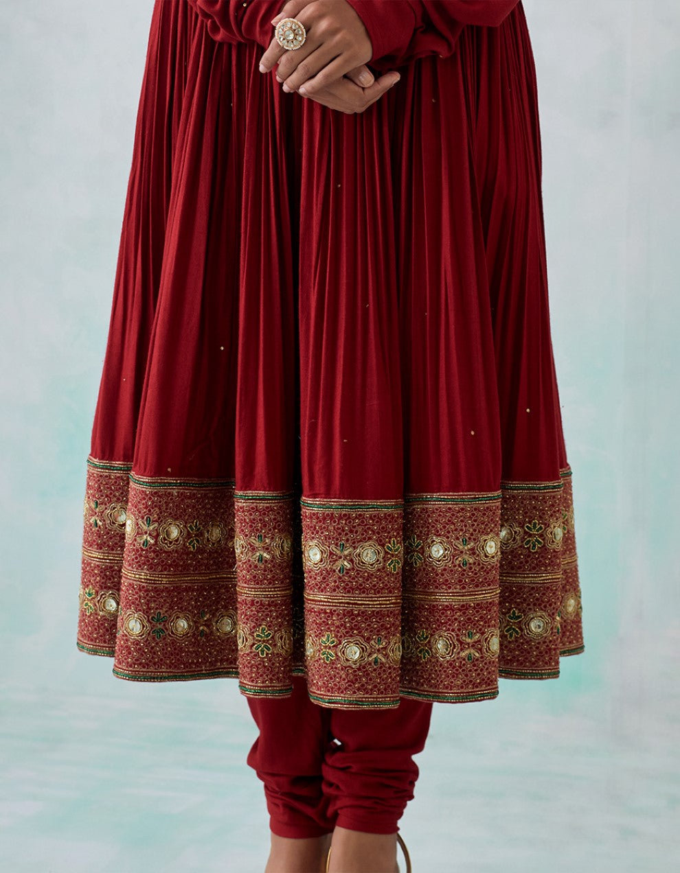 Red Cheese Cotton Anarkali with Churidar And Dupatta