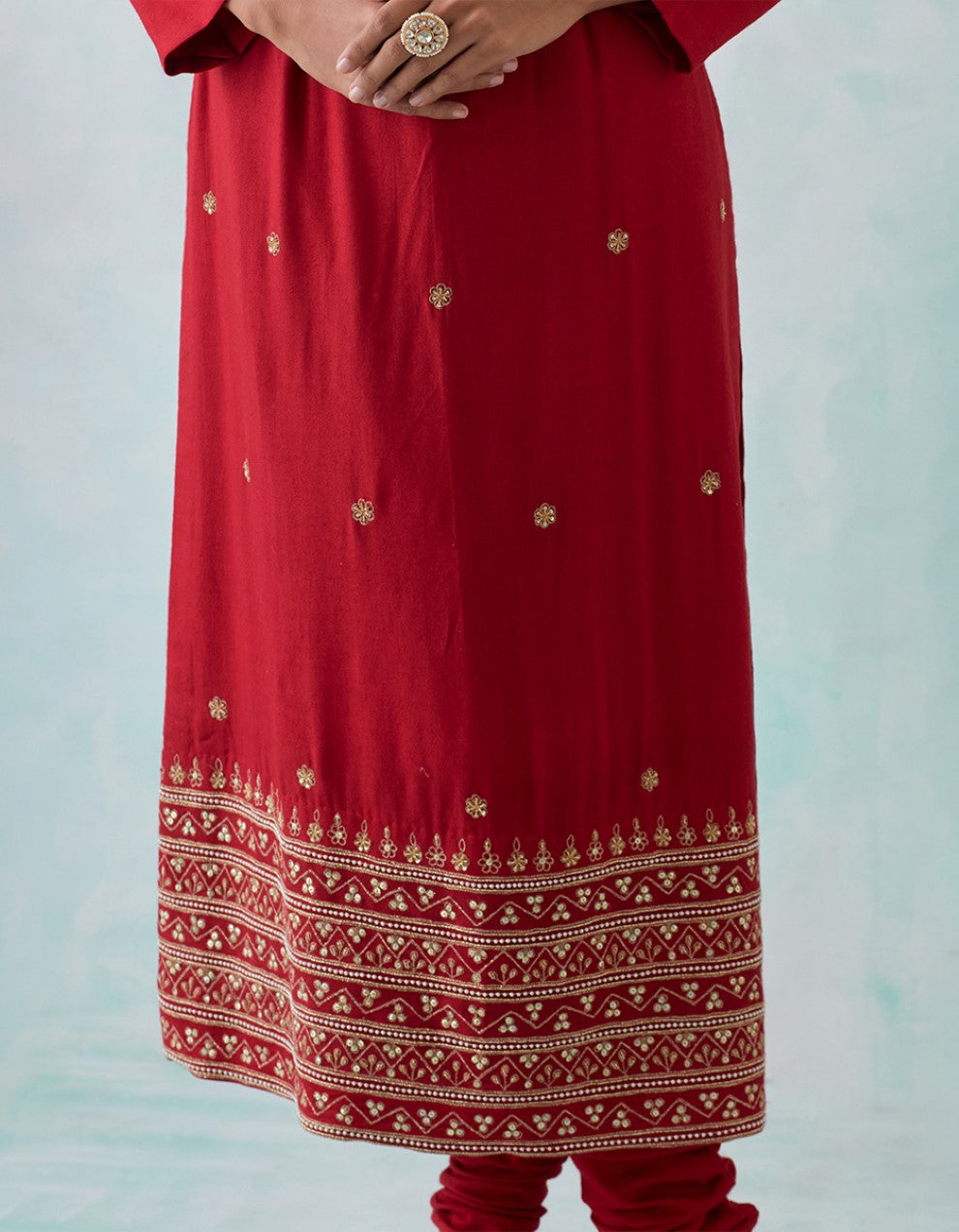 Red Cheese Cotton Kurta with Churidar And Dupatta