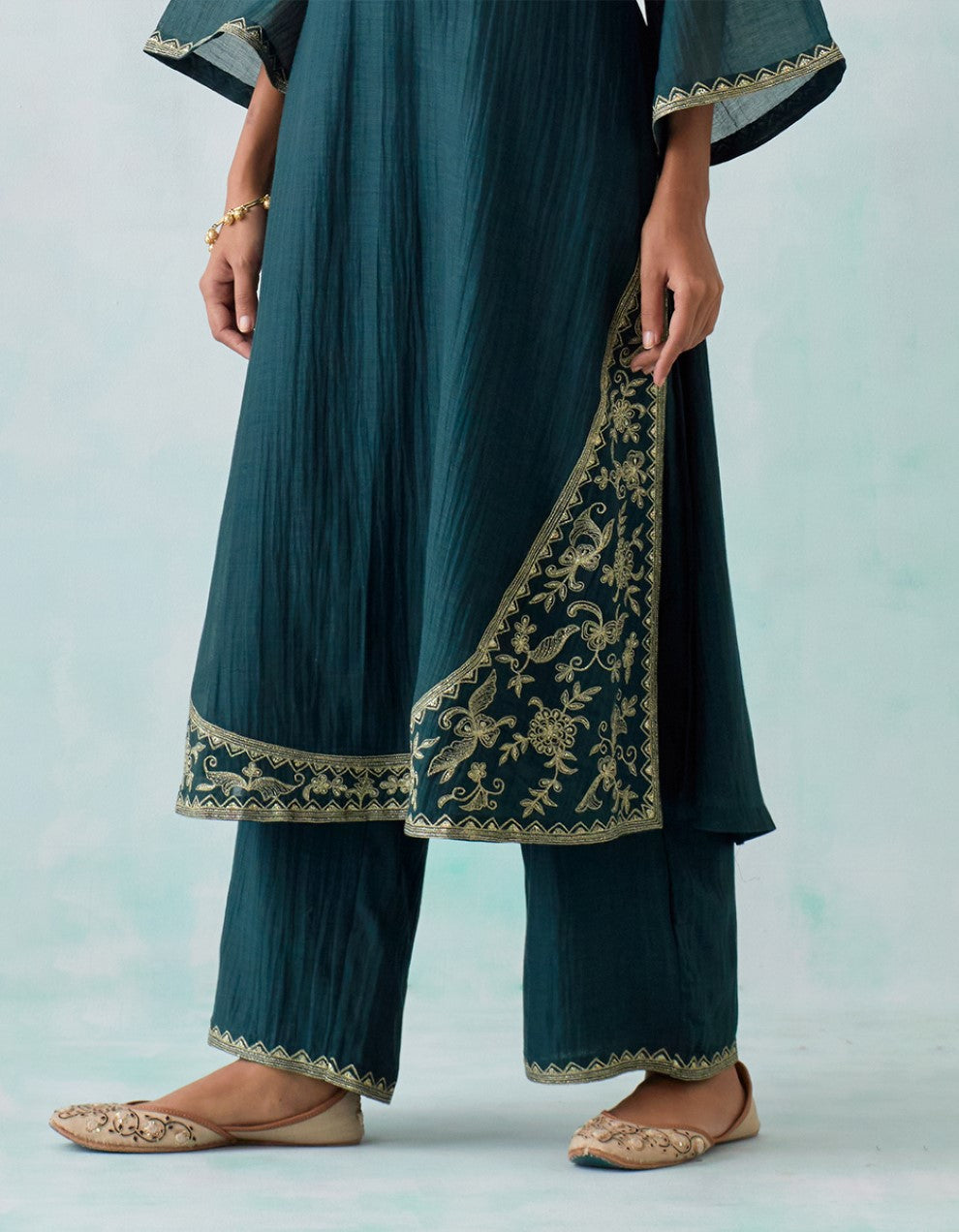 Dark Green Embroidered Light Chanderi Kurta with Pants and Tissue Organza Dupatta