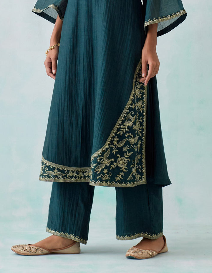 Dark Green Embroidered Light Chanderi Kurta with Pants and Tissue Organza Dupatta