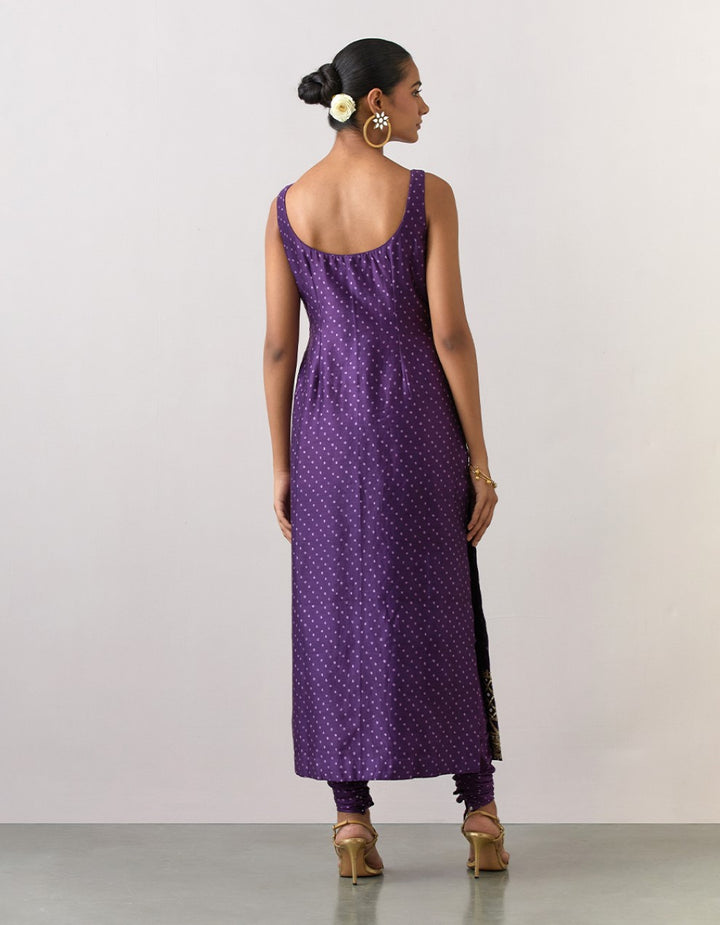 Purple embroidered printed chanderi kurta with pants and dupatta