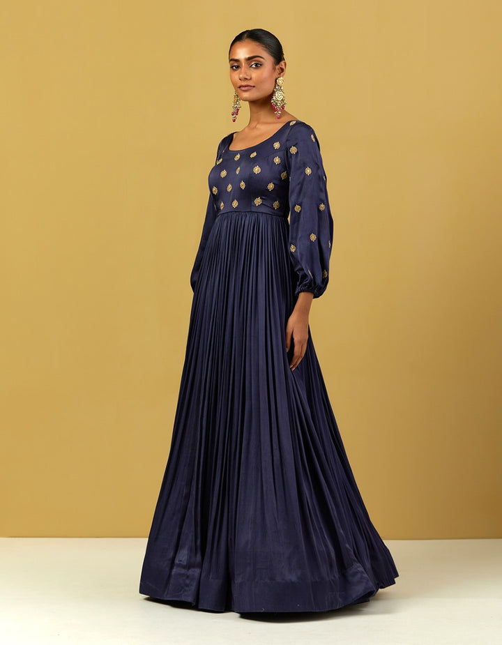 Navy Blue Hand Embroidered Satin Suit And Dupatta