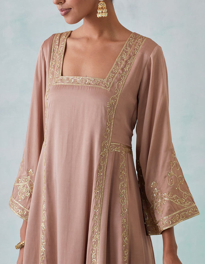 Beige Embroidered Satin Kurta with Pants And Shimmer Organza Dupatta