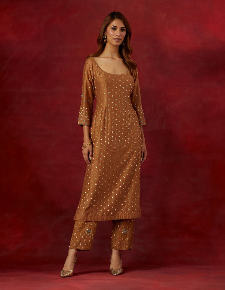 Rust embroidered chanderi silk kurta and pants with tissue dupatta