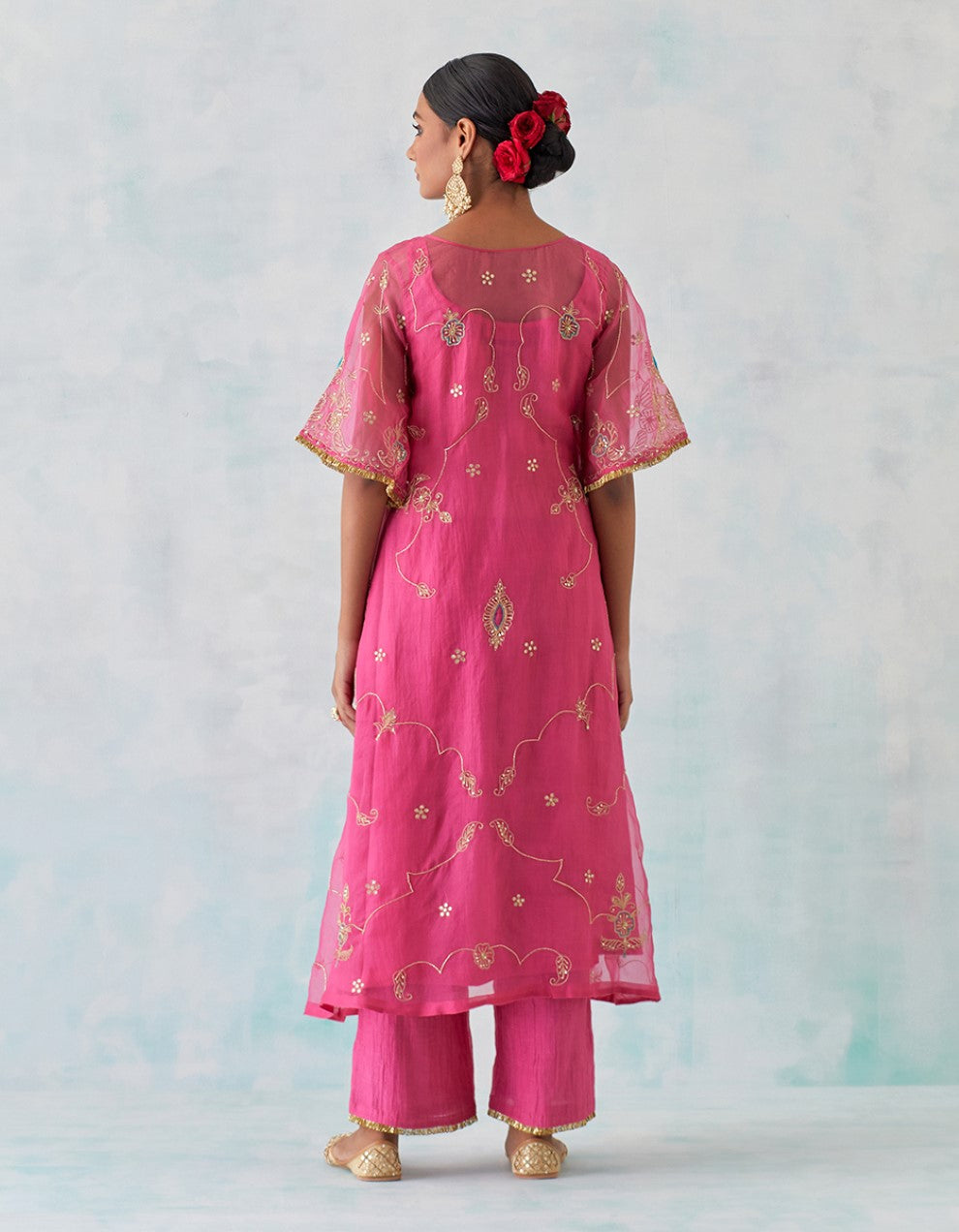 Pink hand embroidered tissue organza and chanderi lining kurta