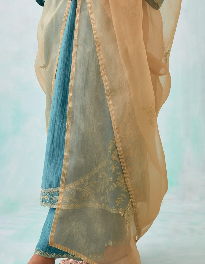 Turquoise Blue Embroidered Light Chanderi Kurta with Pants and Tissue Organza Dupatta