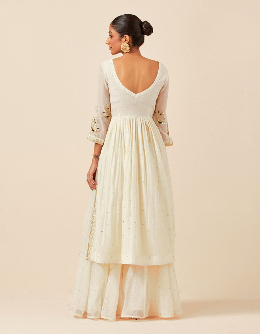 White hand embroidered half-cut anarkali with pants