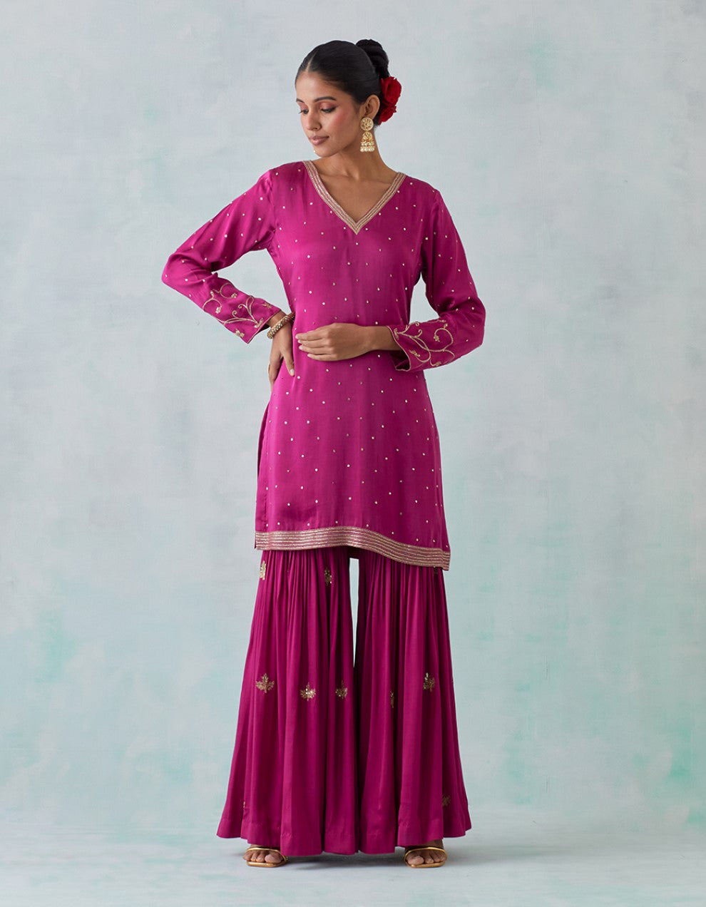 Magenta Embroidered Satin Kurta with Sharara And Shimmer Organza Dupatta