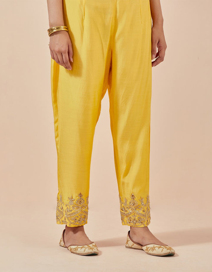 Yellow chanderi embroidered kurta with pants and dupatta