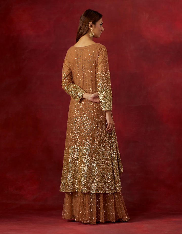 Rust embroidered georgette kurta and sharara with tissue dupatta