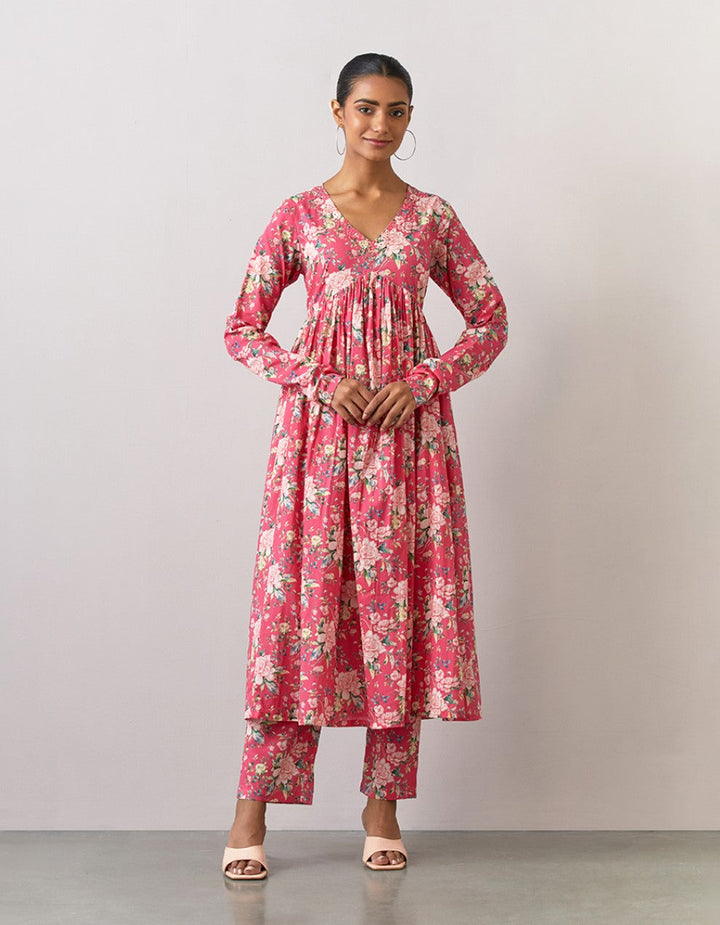 Pink printed cotton kurta with pants and chanderi dupatta