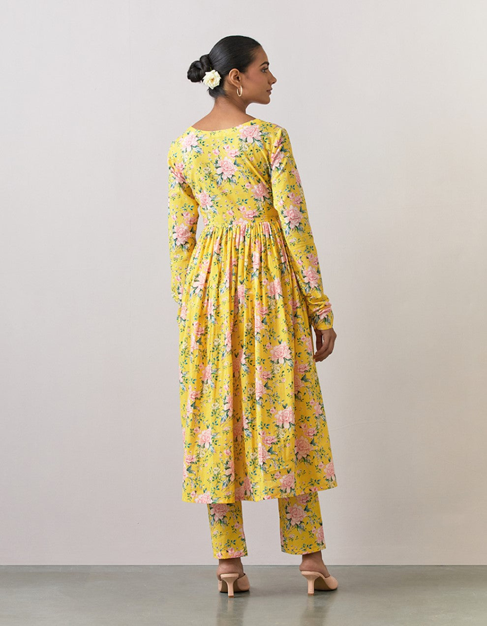 Yellow printed cotton kurta with pants and chanderi dupatta