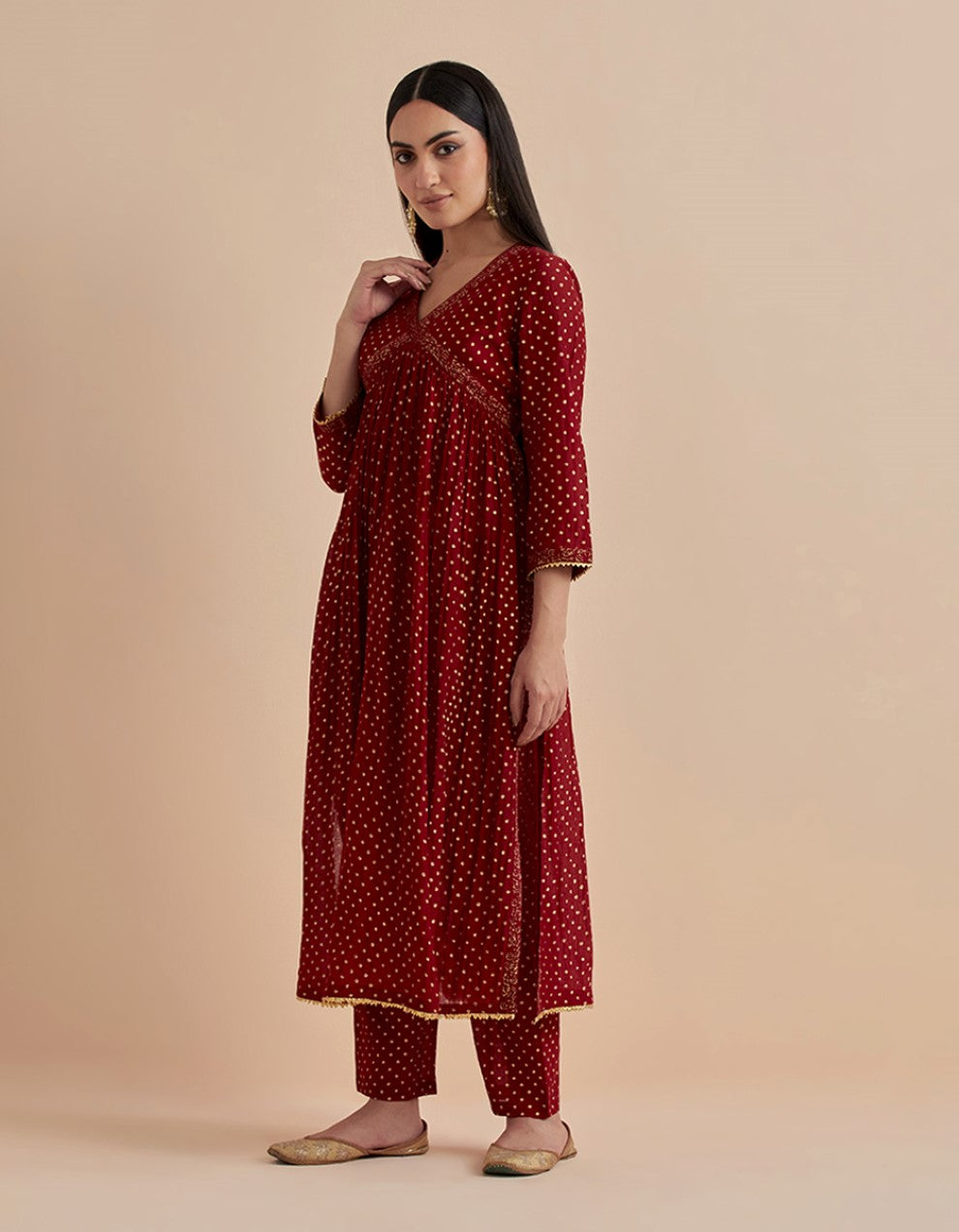 Red printed chanderi silk flared kurta with pants and dupatta