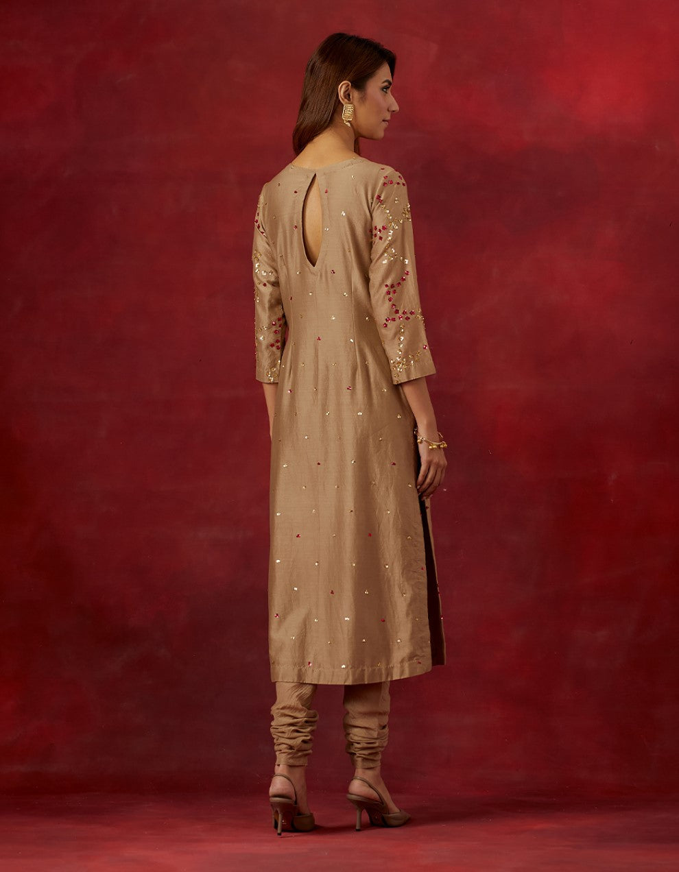 Beige embroidered chanderi silk kurta and churidar with tissue dupatta