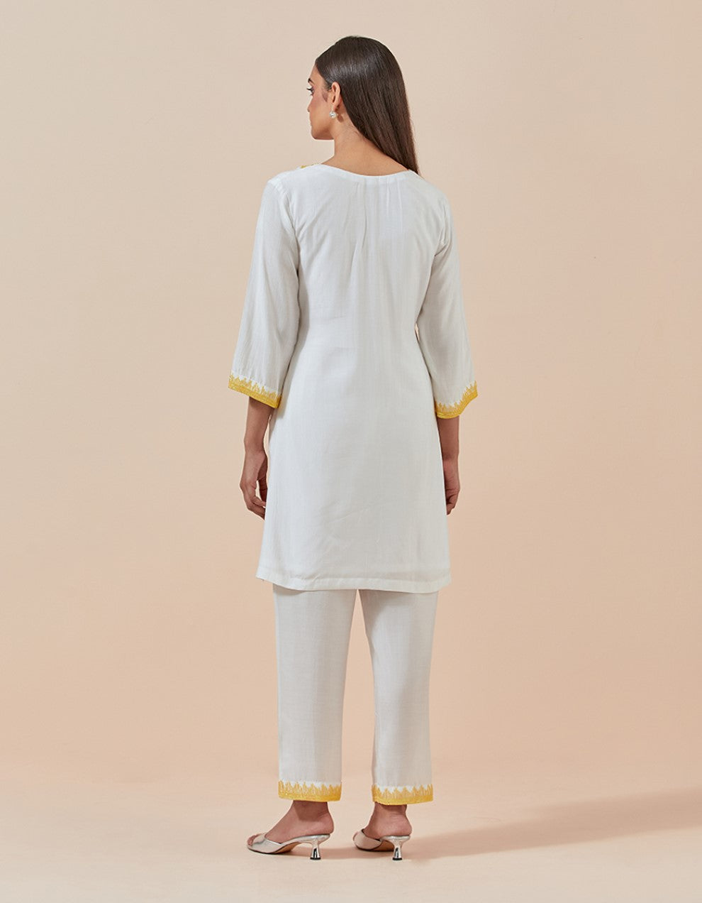 Yellow muslin cotton hand embroidered kurta with pants