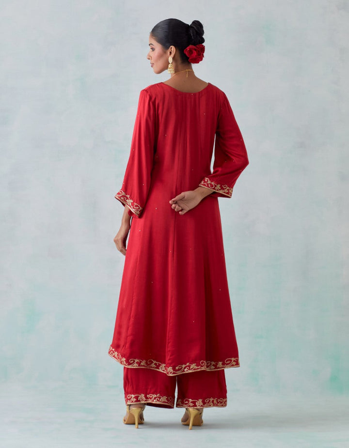 Red Embroidered Satin Kurta with Pants And Shimmer Organza Dupatta