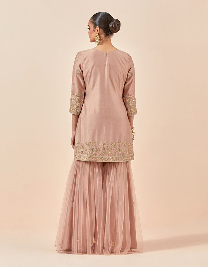 Dust pink embroidered chanderi silk  kurta with garara and dupatta