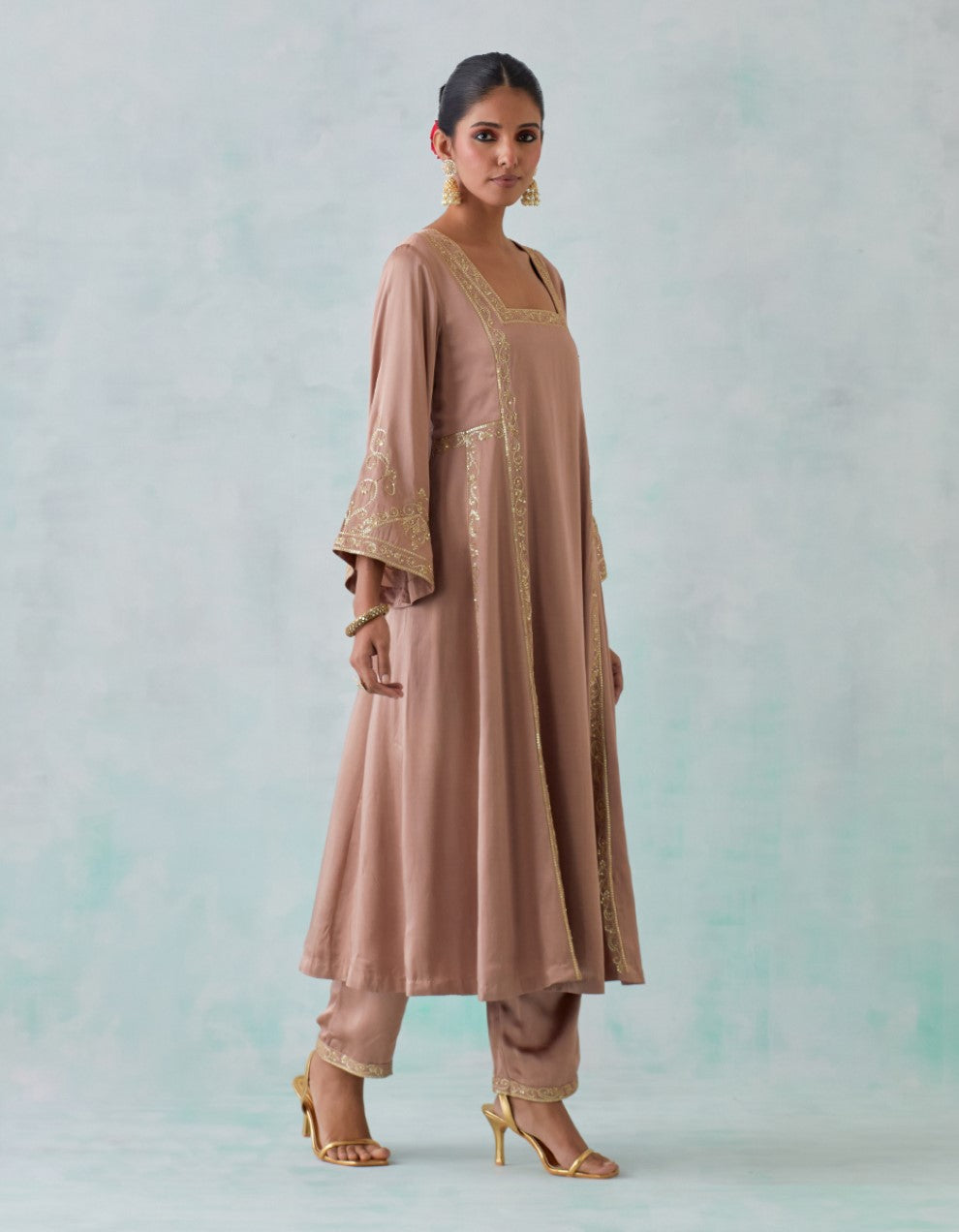 Beige Embroidered Satin Kurta with Pants And Shimmer Organza Dupatta