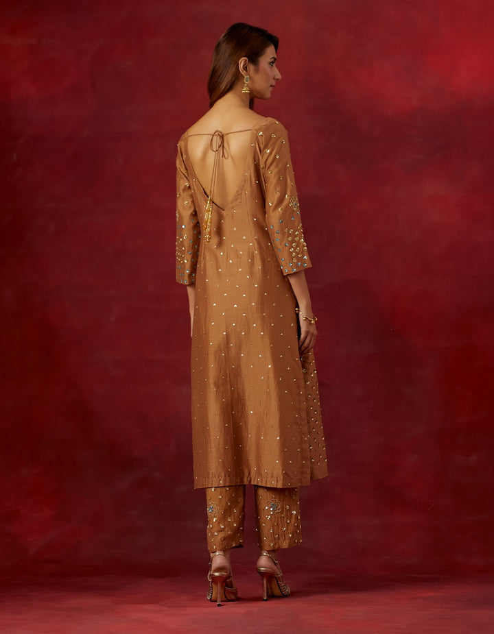Rust embroidered chanderi silk kurta and pants with tissue dupatta