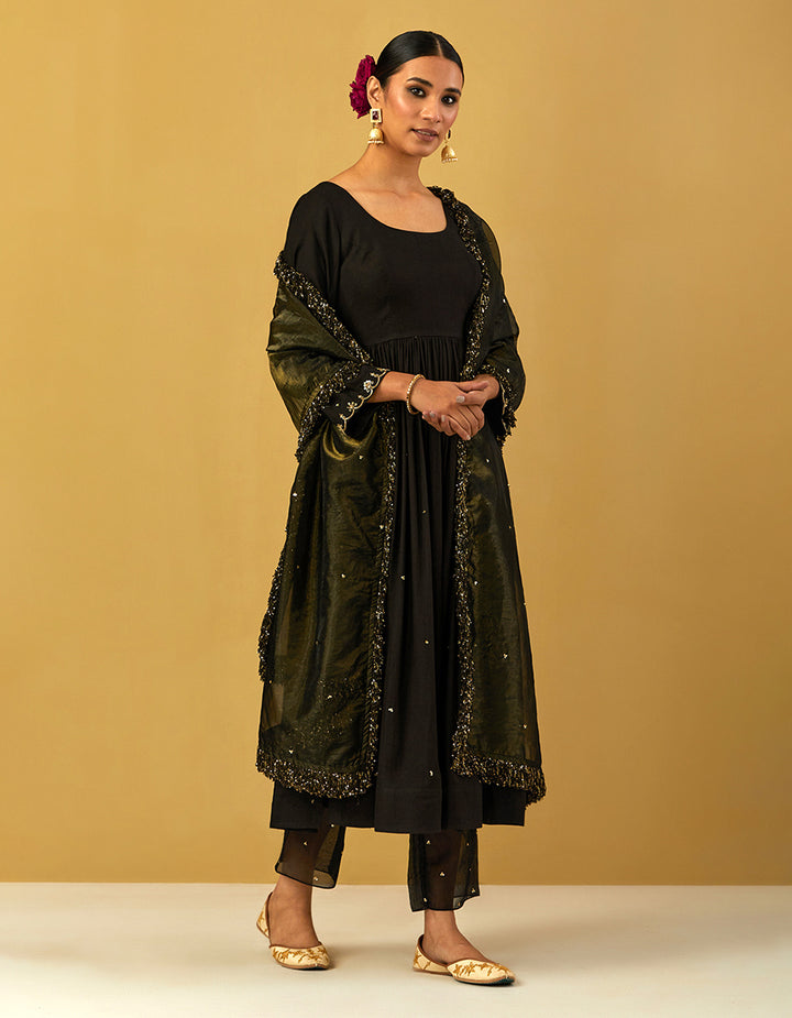 Black Cheese Cotton Anarkali With Pants And Shimmer Dupatta