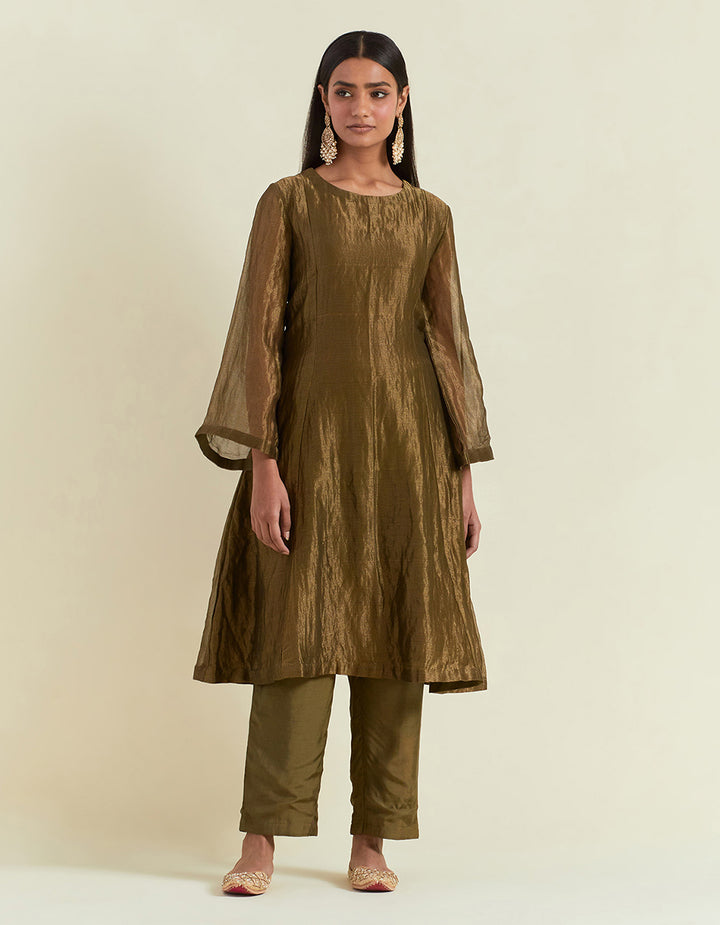 Olive Green Shimmer Organza Kurta With Muslin Pants and Tissue Dupatta