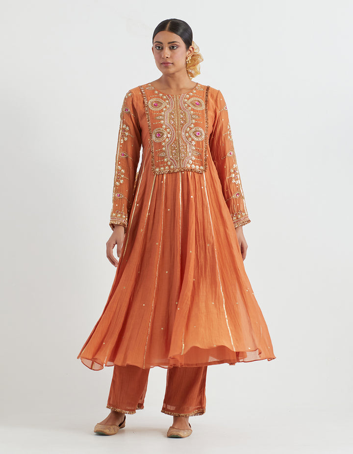 Orange Light Chanderi Kurta With Pants