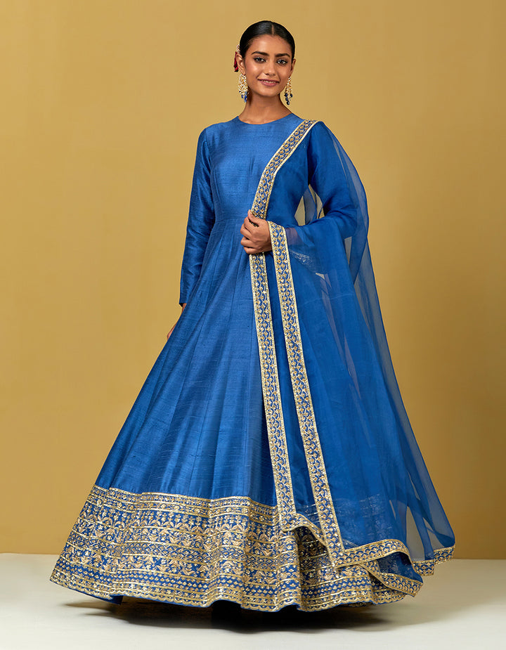 Blue Hand Embroidered Raw Silk Suit And Dupatta