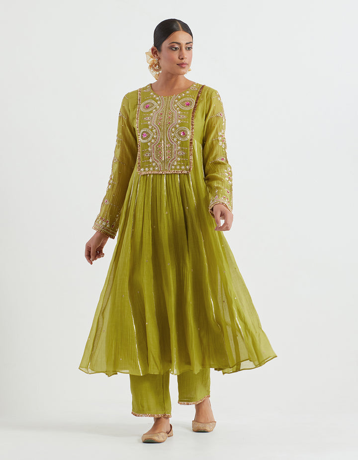 Green Light Chanderi Kurta With Pants